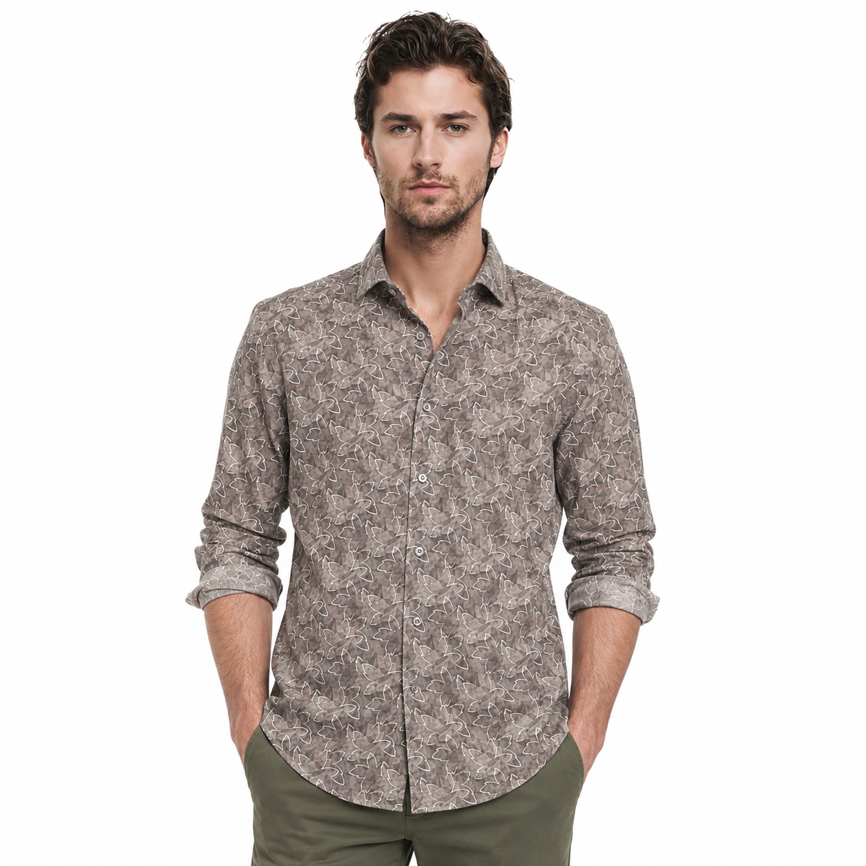 Brown Abstract Leaf Printed Casual Shirt for Men - Image 1