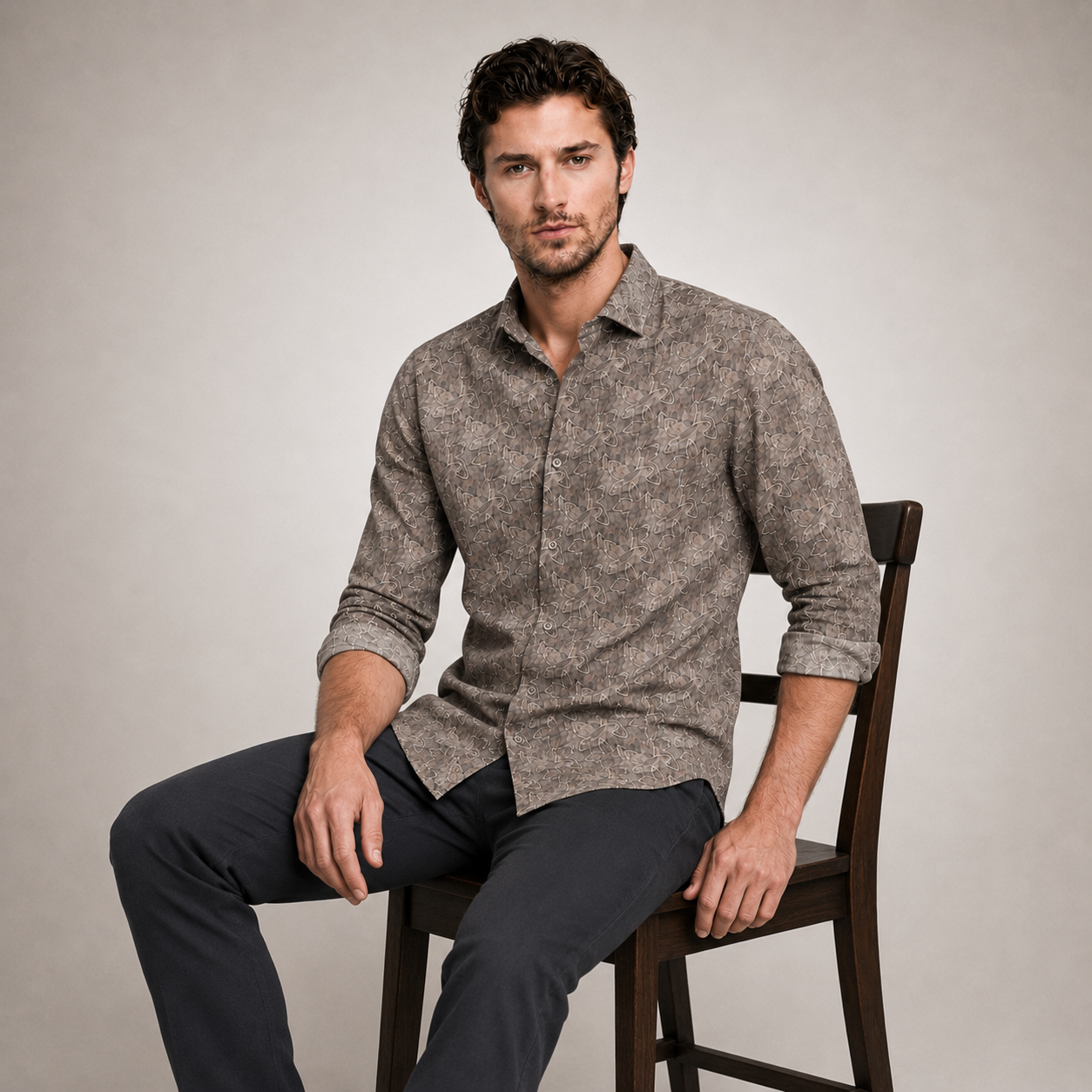 Brown Abstract Leaf Printed Casual Shirt for Men - Image 4