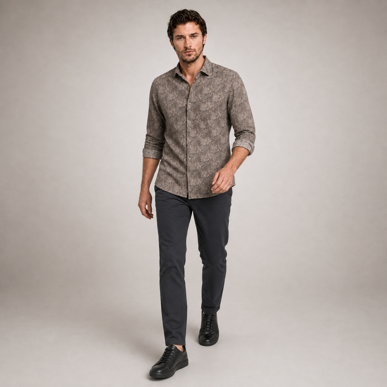 Brown Abstract Leaf Printed Casual Shirt for Men - Image 5