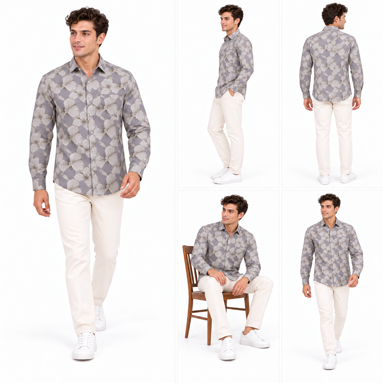 Grey Floral Printed Casual Shirt for Men - Image 6