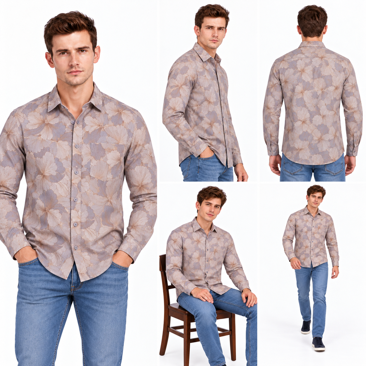 Brown Floral Printed Casual Shirt for Men - Image 6