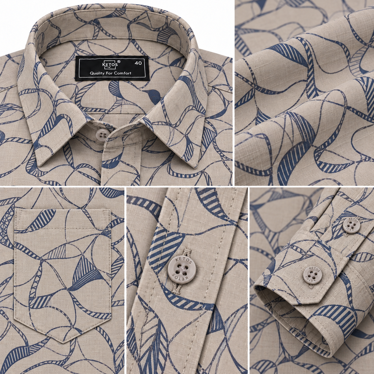 Beige Printed Casual Shirt for Men - Image 7