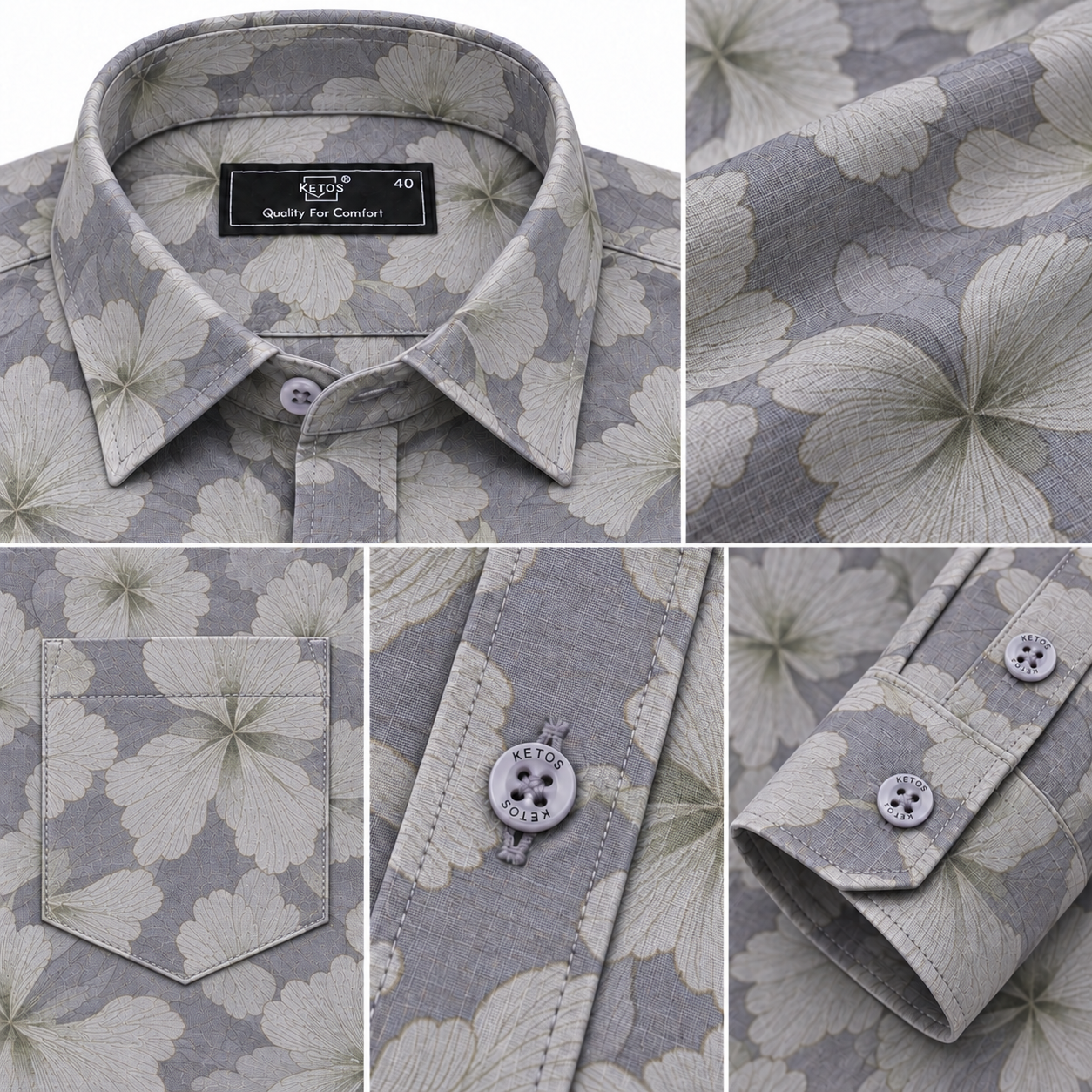 Grey Floral Printed Casual Shirt for Men - Image 7