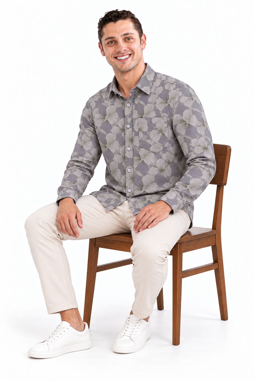 Grey Floral Printed Casual Shirt for Men - Image 4