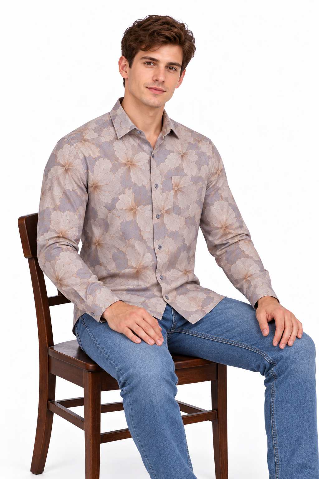 Brown Floral Printed Casual Shirt for Men - Image 4