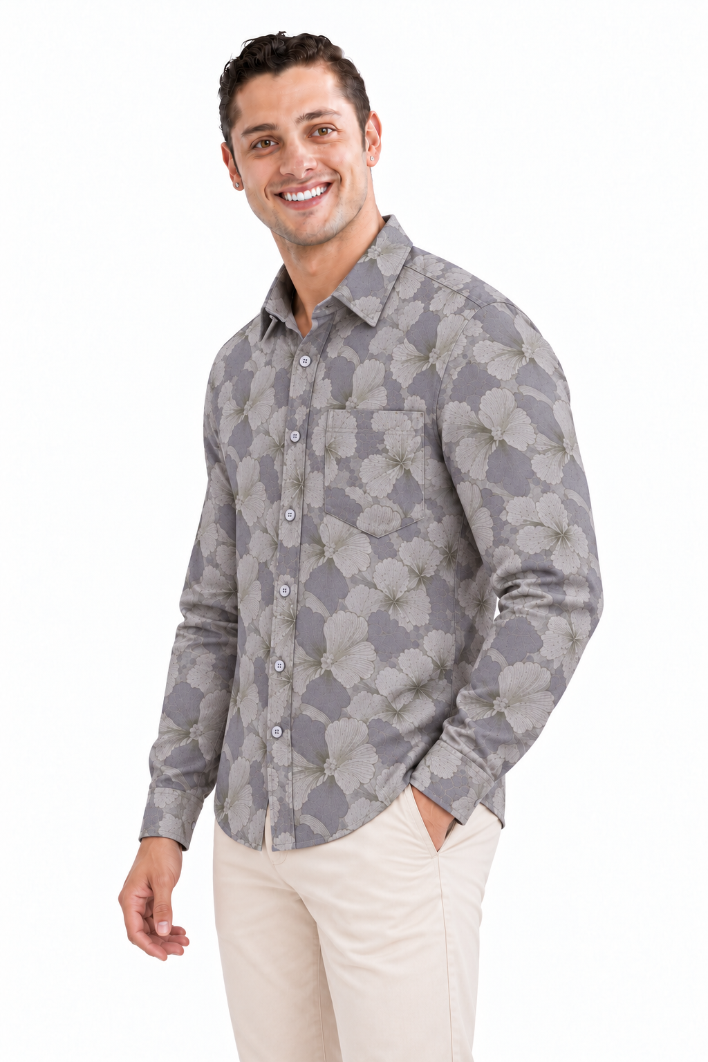 Grey Floral Printed Casual Shirt for Men - Image 2