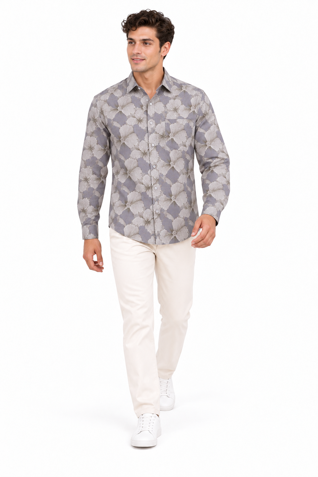 Grey Floral Printed Casual Shirt for Men - Image 5