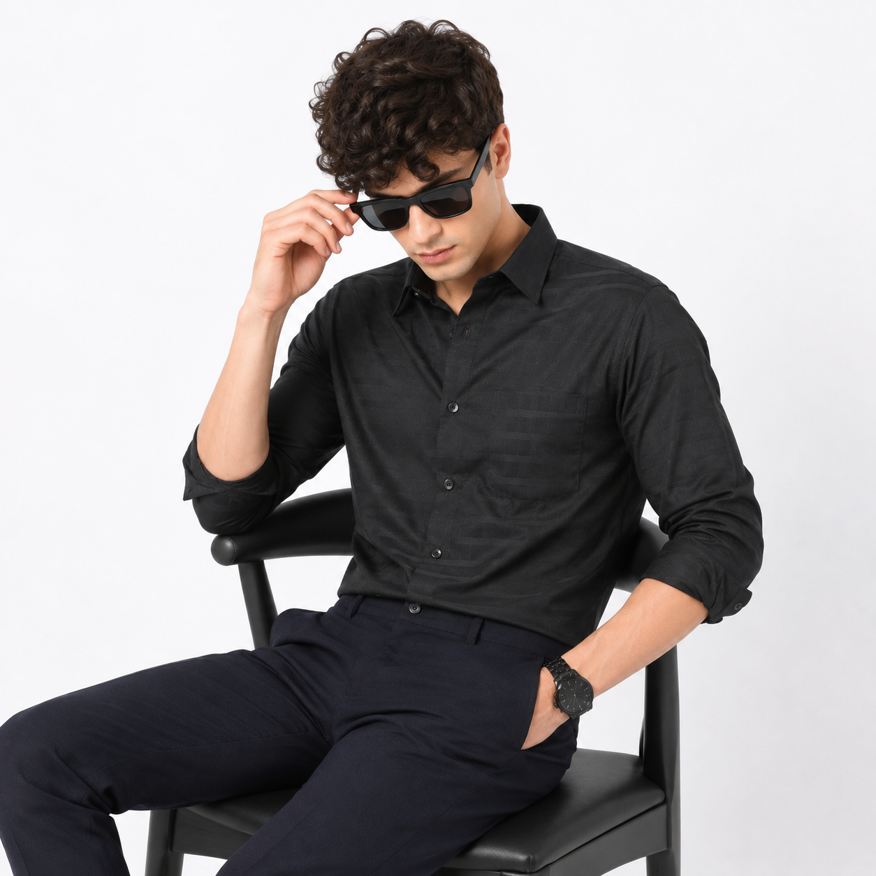 Black Self check Shirt for Men - Image 4