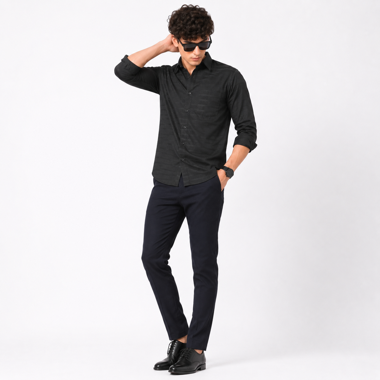 Black Self check Shirt for Men - Image 5